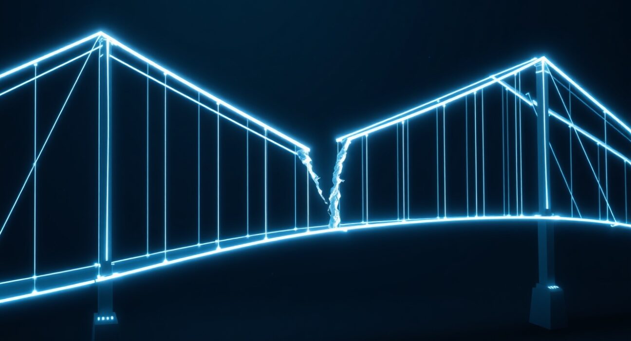 Digital blockchain bridge with security breach representing Hyperbridge exploit and cross-chain vulnerability