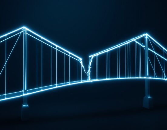 Digital blockchain bridge with security breach representing Hyperbridge exploit and cross-chain vulnerability