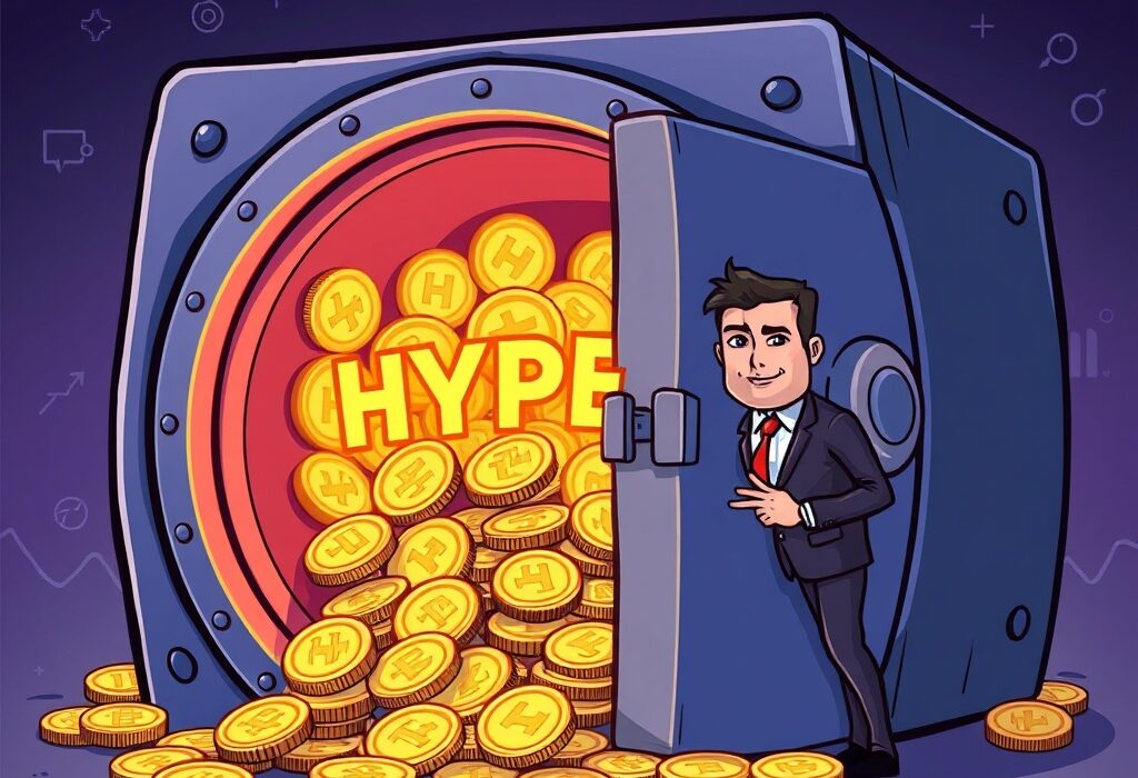 Cartoon illustration showing Hyperion DeFi strategically accumulating HYPE tokens in a digital vault, signifying a major investment.