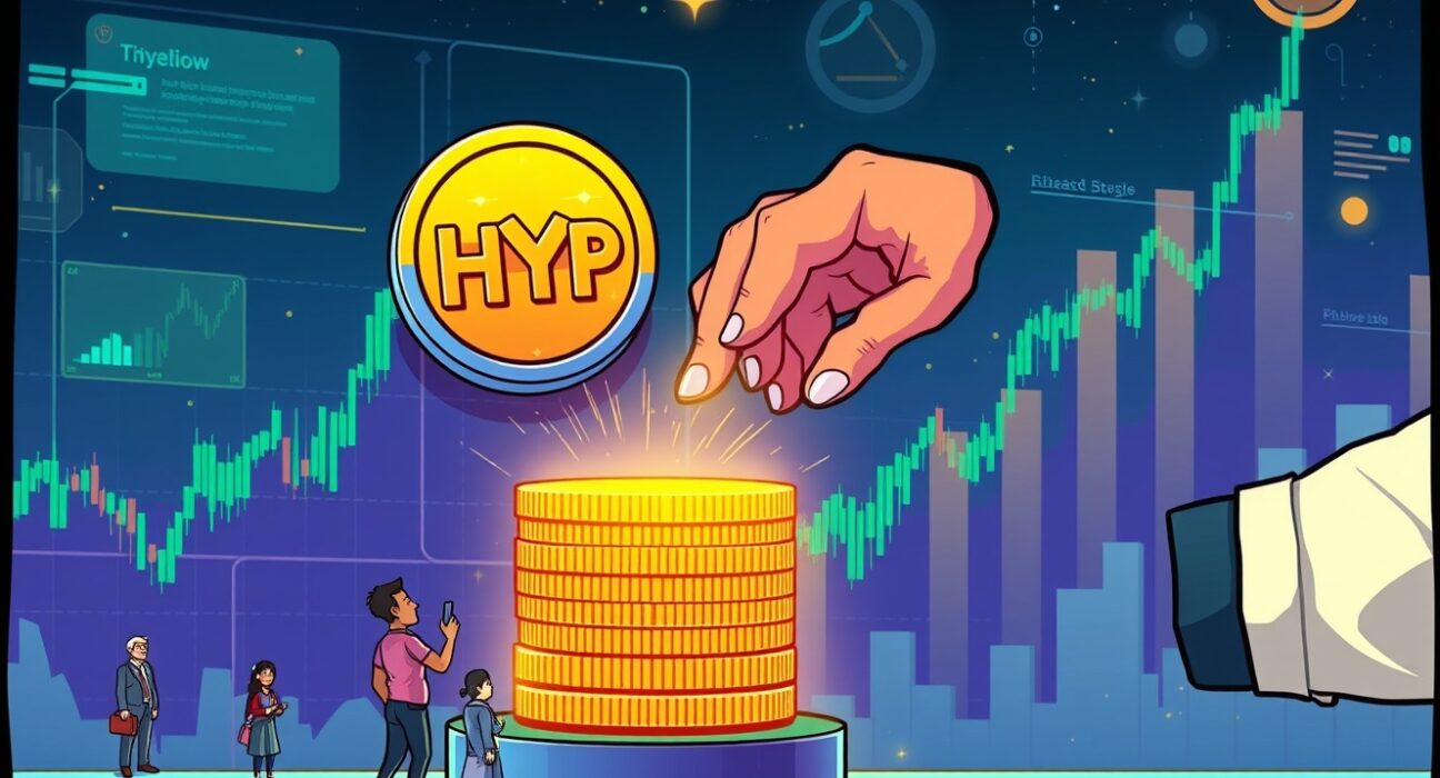 A cartoon illustration showing Hyperion DeFi's strategic investment boosting HYPE holdings, symbolizing growth in the crypto market.