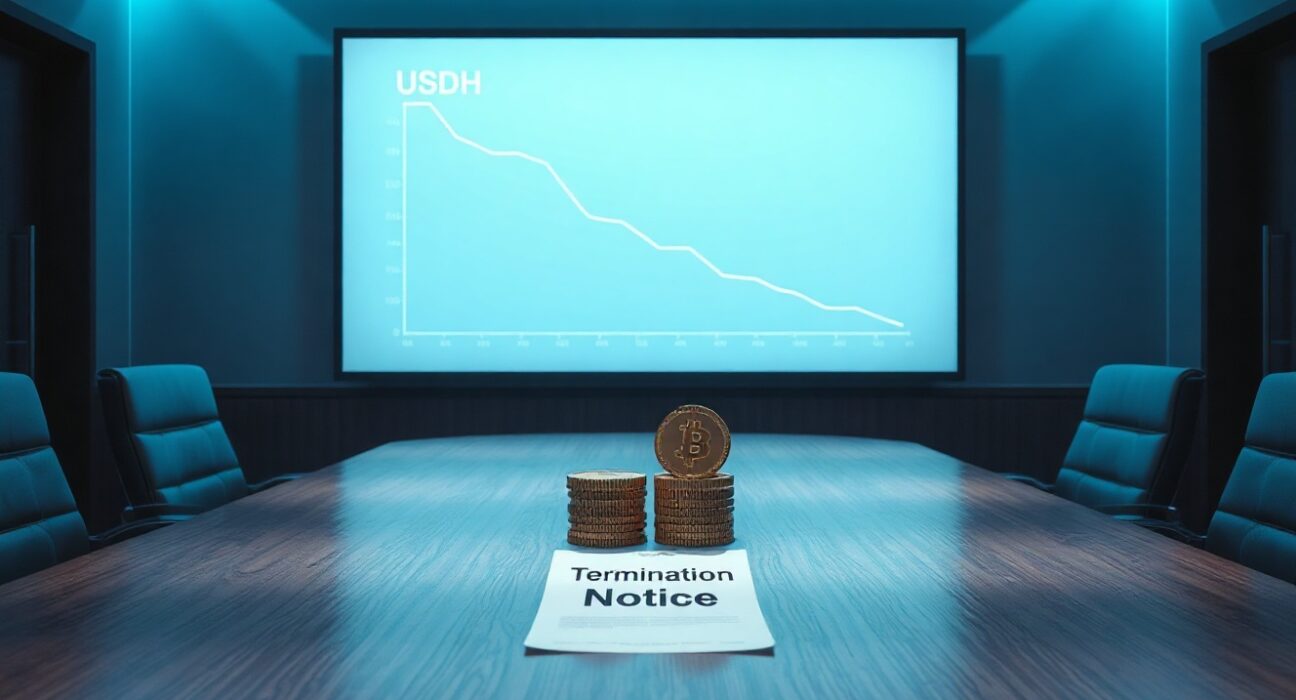 Boardroom with digital screen showing USDH decline and holographic HYPE tokens, representing Hyperion DeFi's investment termination