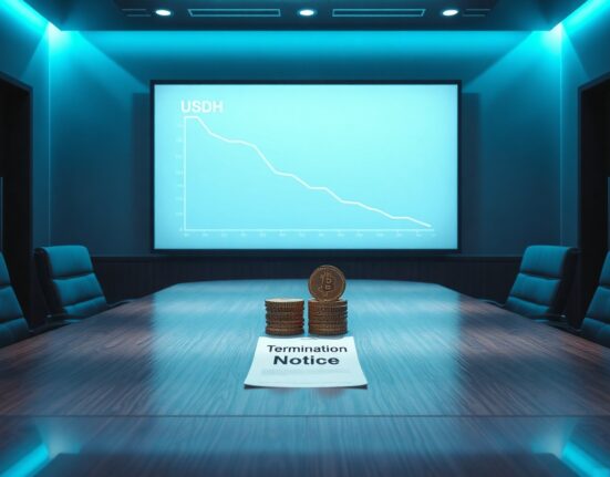 Boardroom with digital screen showing USDH decline and holographic HYPE tokens, representing Hyperion DeFi's investment termination