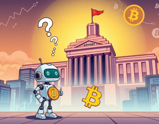 Cartoon illustration of a crypto firm facing regulatory filing compliance challenges with blockchain symbols