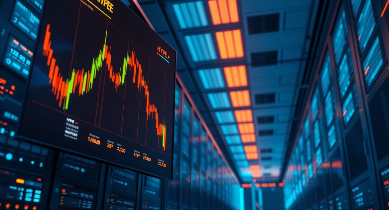 Server room with digital screen showing HYPE token price chart and transaction data, representing market maker activity.