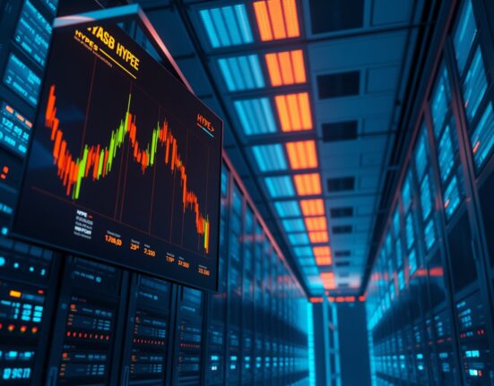 Server room with digital screen showing HYPE token price chart and transaction data, representing market maker activity.