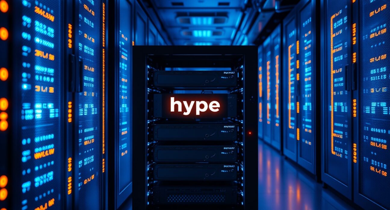 Inside a modern data center server room representing a crypto exchange, with a subtle HYPE logo on a drive.