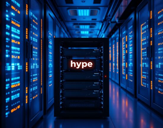 Inside a modern data center server room representing a crypto exchange, with a subtle HYPE logo on a drive.