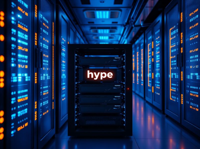 Inside a modern data center server room representing a crypto exchange, with a subtle HYPE logo on a drive.