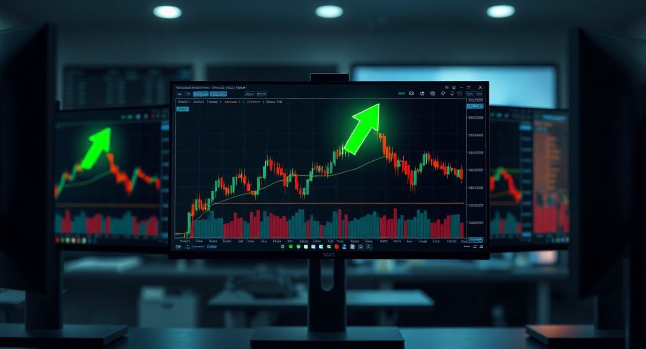 Trading desk monitors displaying cryptocurrency charts and market data, representing exchange deposits and market activity.