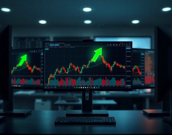 Trading desk monitors displaying cryptocurrency charts and market data, representing exchange deposits and market activity.