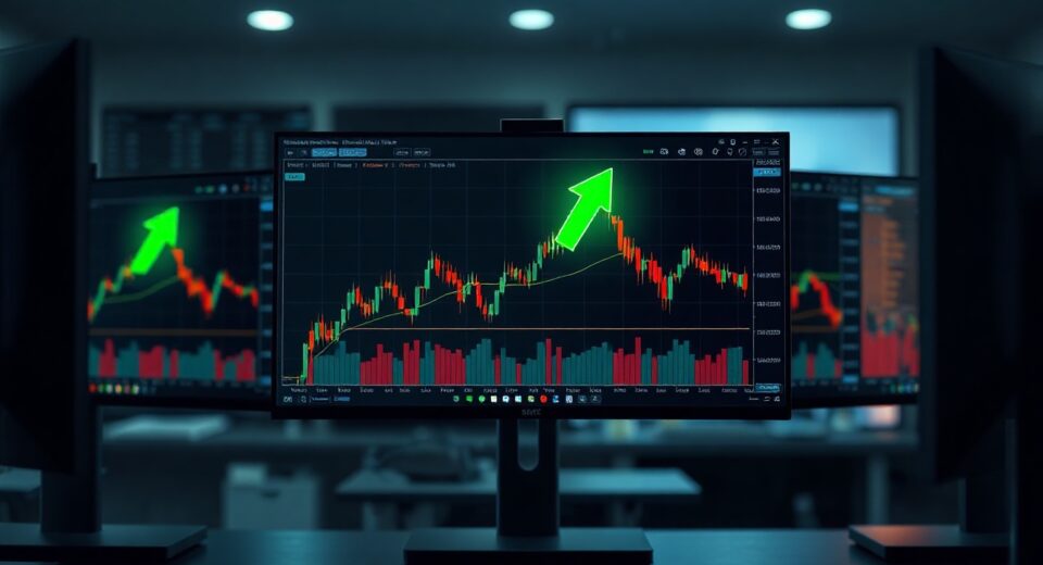 Trading desk monitors displaying cryptocurrency charts and market data, representing exchange deposits and market activity.