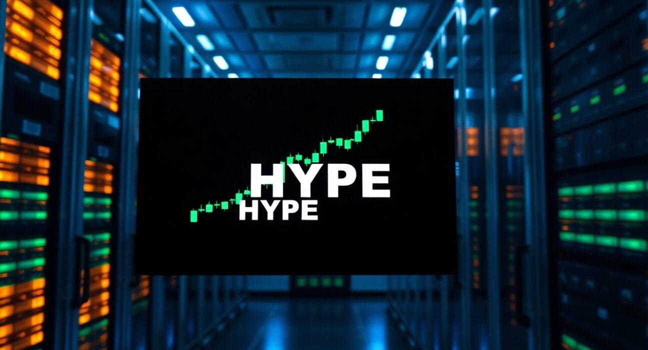 Digital display showing HYPE token price chart in a modern data center server room.