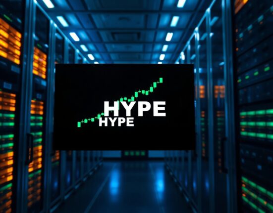 Digital display showing HYPE token price chart in a modern data center server room.