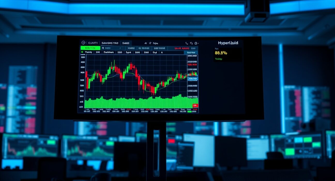 Hyperliquid trading interface on a monitor in a professional trading office