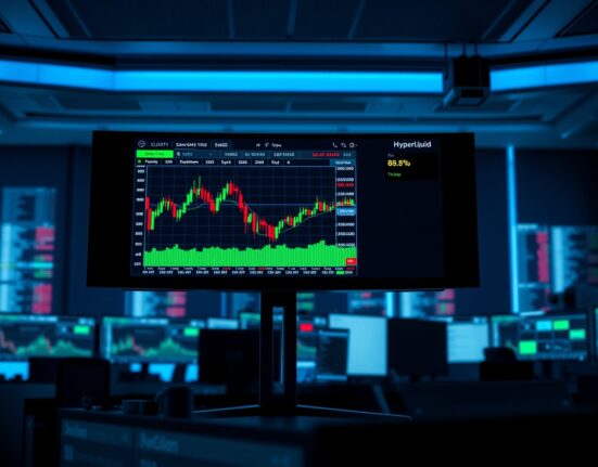 Hyperliquid trading interface on a monitor in a professional trading office