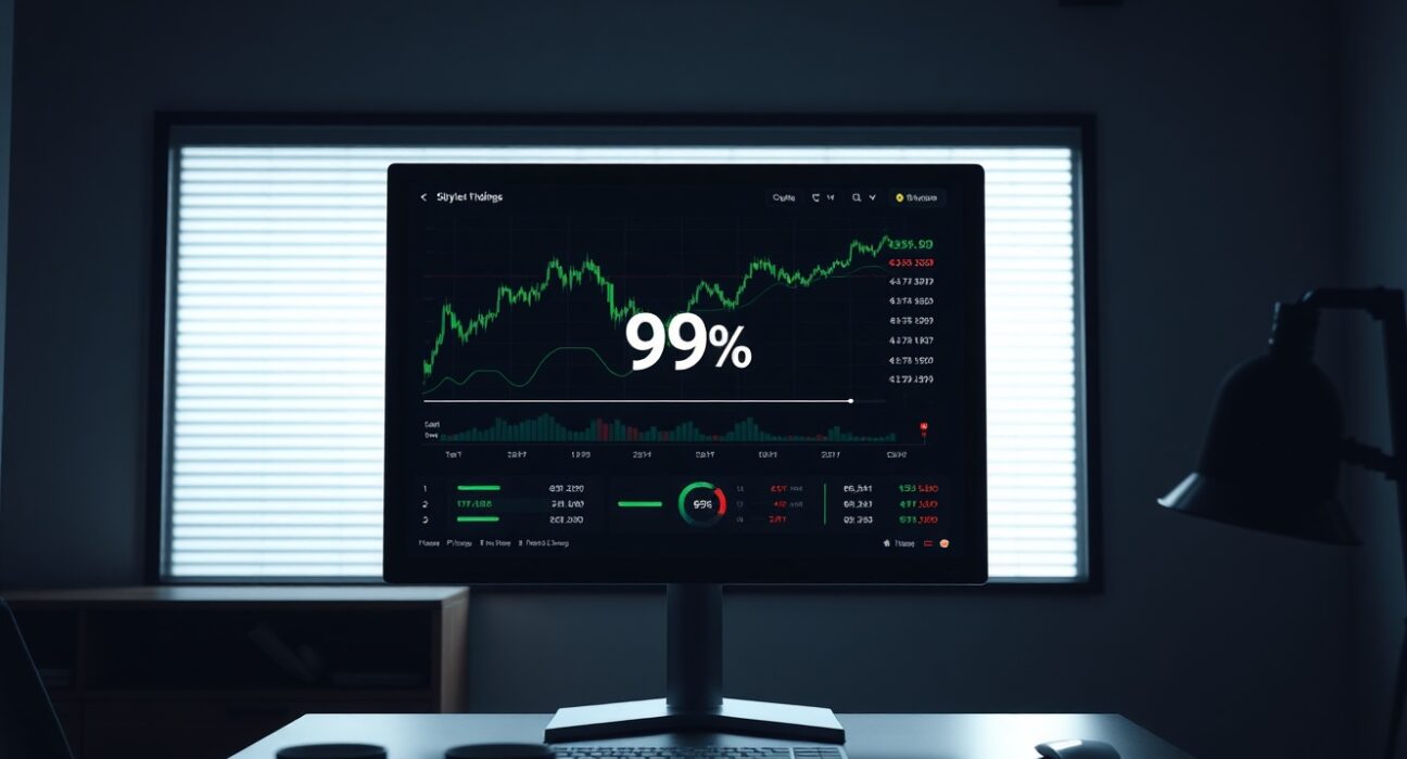 Trading monitor displaying crypto perpetual futures chart with Hyperliquid 9% market share marker in a professional office setting