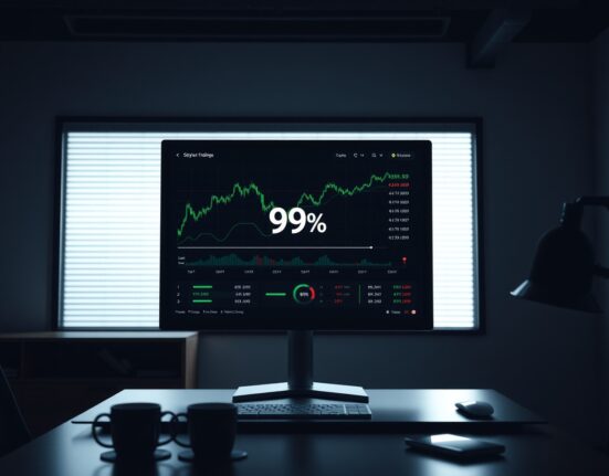 Trading monitor displaying crypto perpetual futures chart with Hyperliquid 9% market share marker in a professional office setting