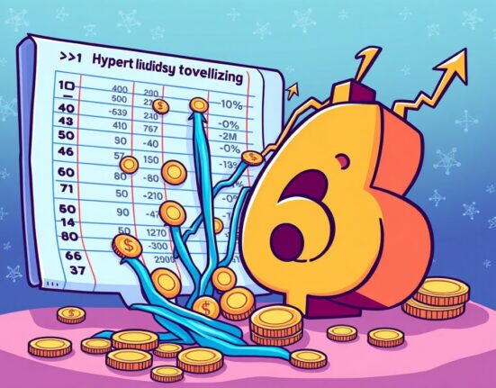 A cartoon illustration showing Hyperliquid's assets under management soaring, symbolizing significant Hyperliquid AUM growth in the crypto derivatives market.