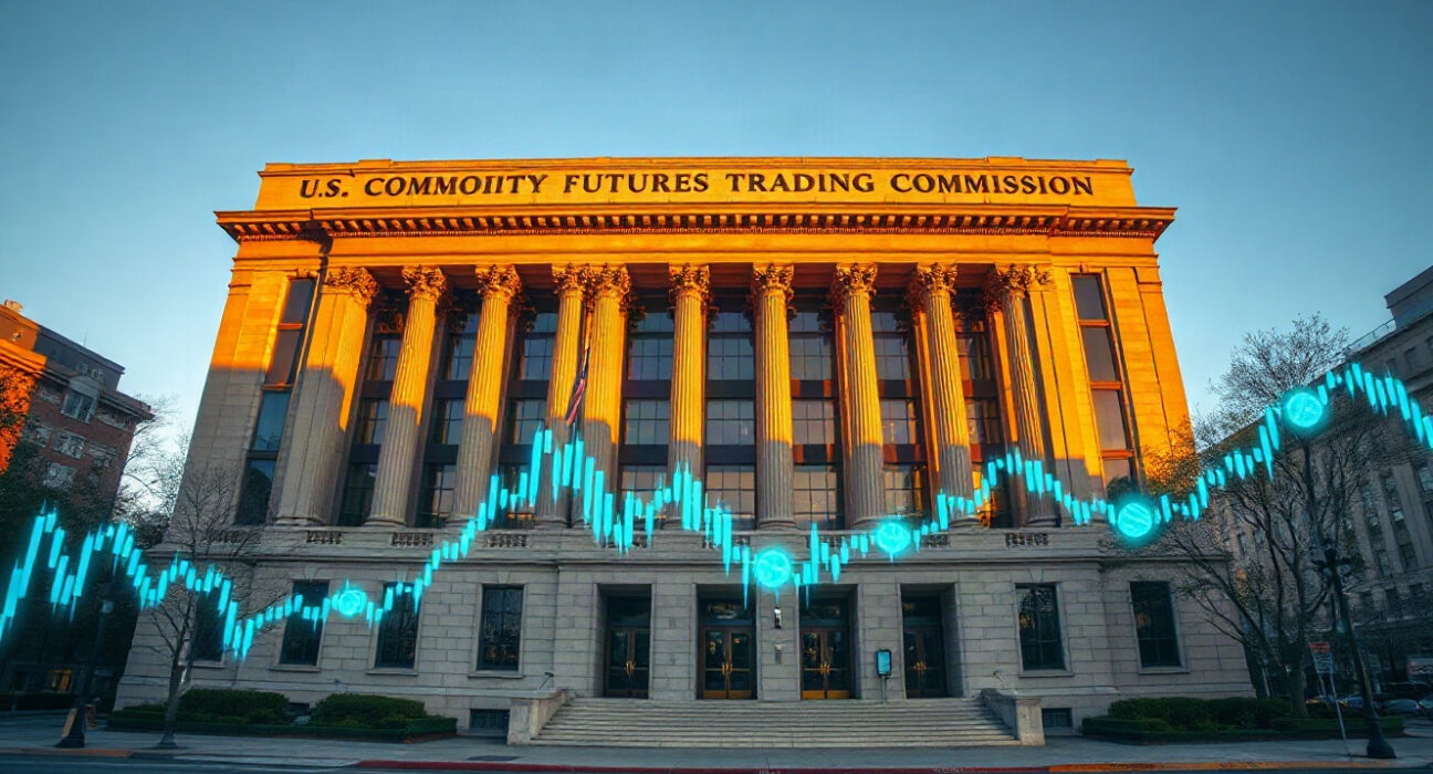 U.S. Commodity Futures Trading Commission building with digital trading overlay, representing crypto and energy derivatives regulation