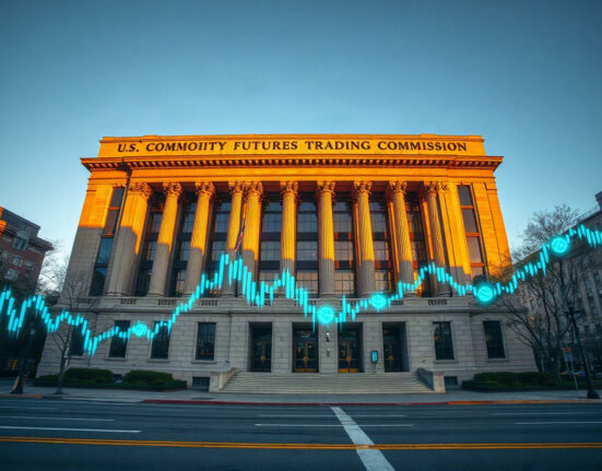 U.S. Commodity Futures Trading Commission building with digital trading overlay, representing crypto and energy derivatives regulation
