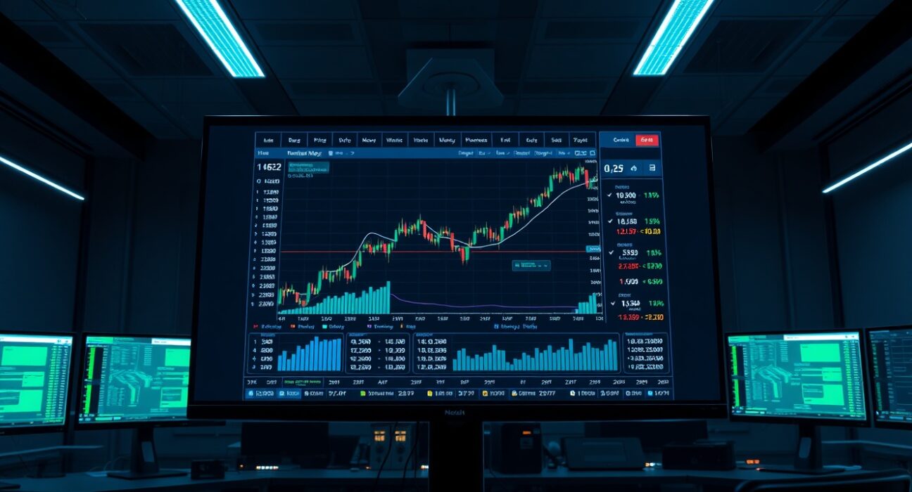 Decentralized exchange Hyperliquid trading interface on a monitor in a professional trading office