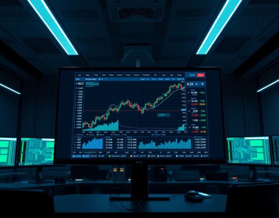 Decentralized exchange Hyperliquid trading interface on a monitor in a professional trading office