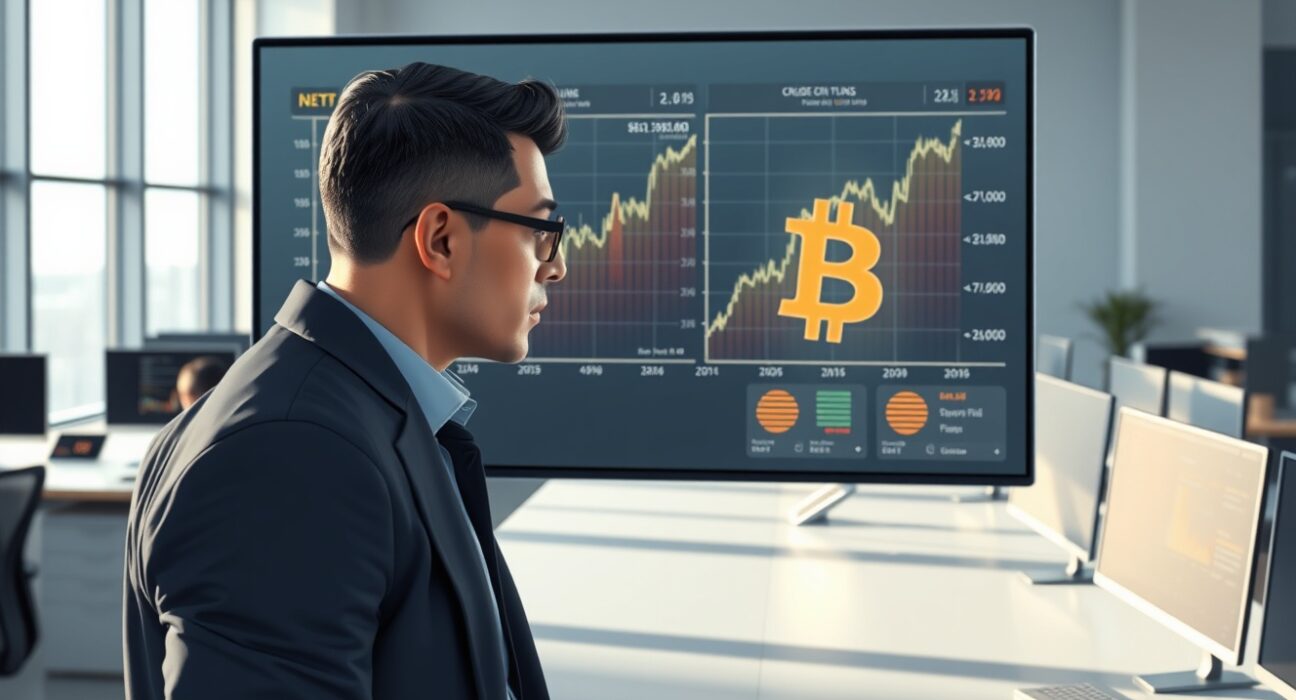 Data visualization comparing Hyperliquid crude oil futures and Bitcoin trading volume on a digital screen.