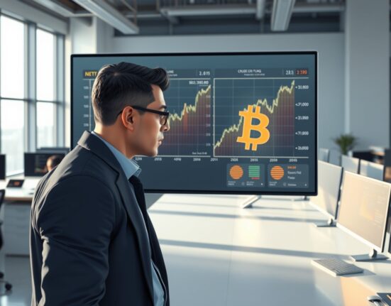 Data visualization comparing Hyperliquid crude oil futures and Bitcoin trading volume on a digital screen.