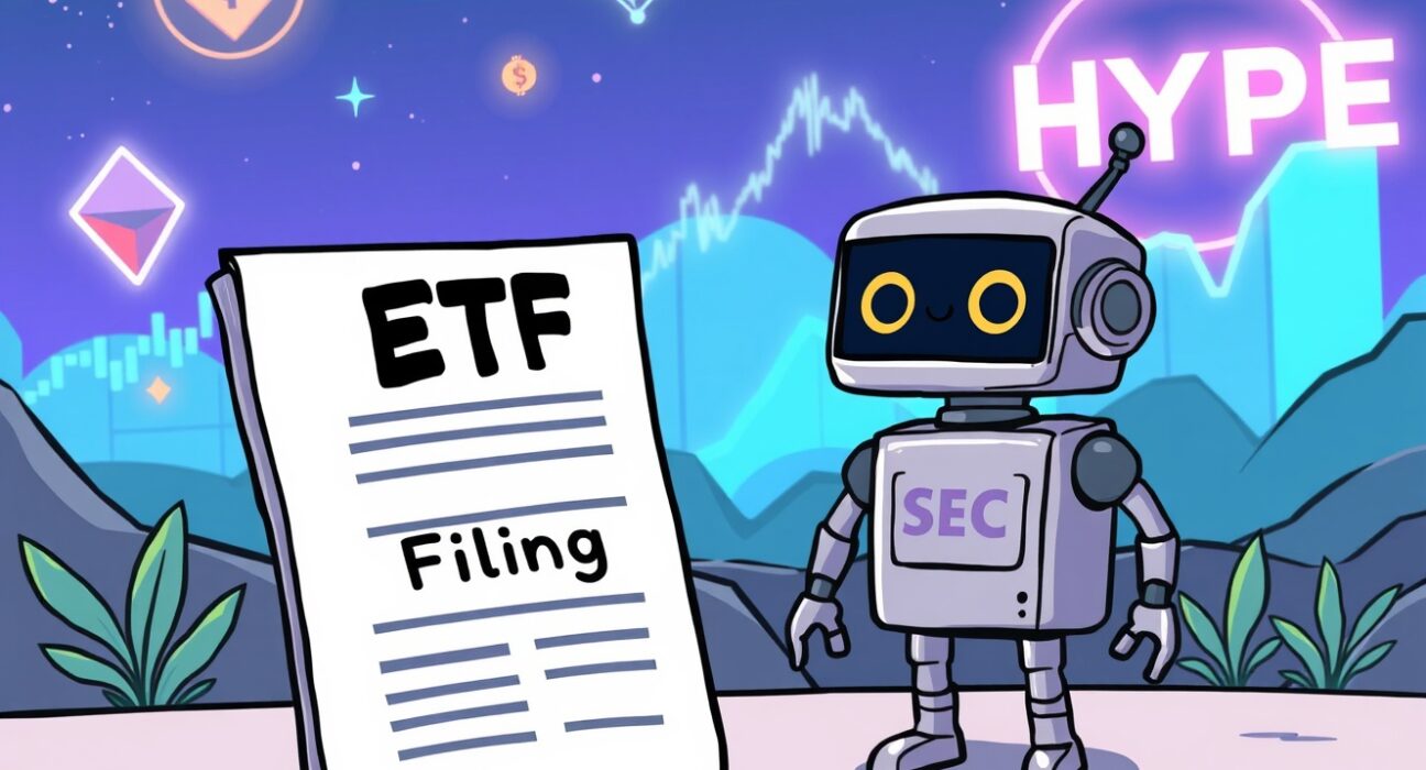 A cartoon SEC robot reviewing a Hyperliquid ETF filing, symbolizing institutional interest in decentralized finance.