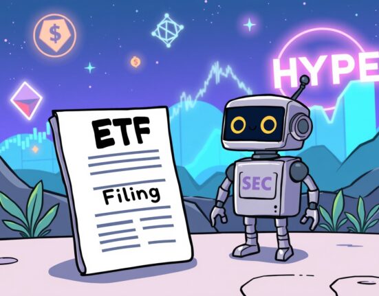 A cartoon SEC robot reviewing a Hyperliquid ETF filing, symbolizing institutional interest in decentralized finance.