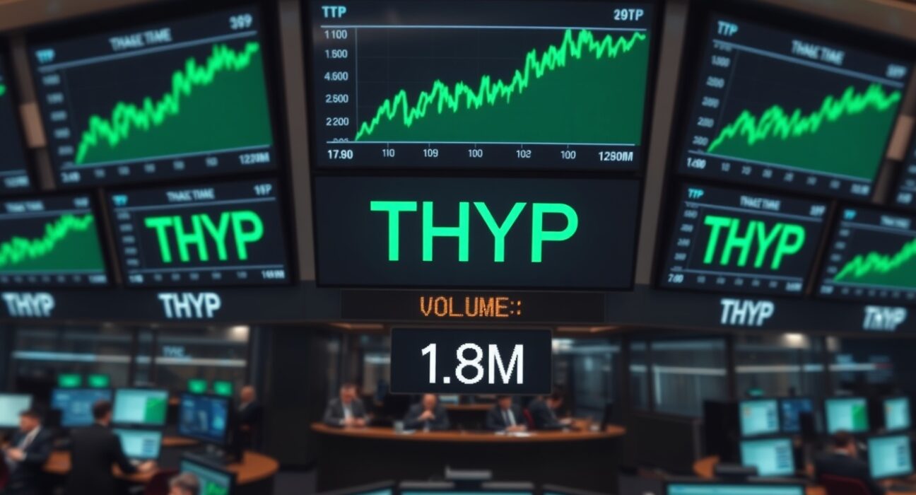 Financial trading floor with THYP ticker and $1.8M volume displayed on screens