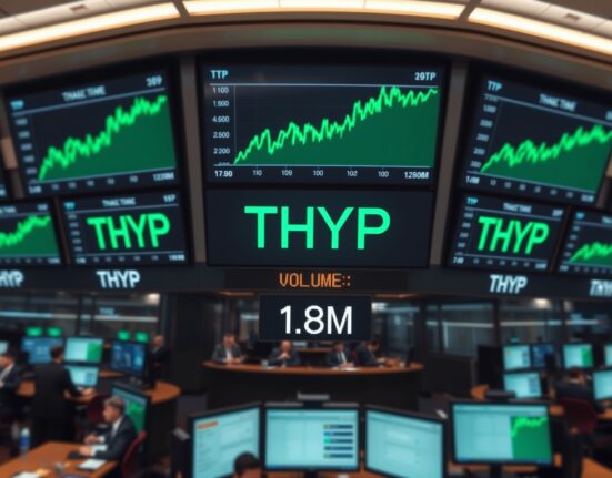 Financial trading floor with THYP ticker and $1.8M volume displayed on screens