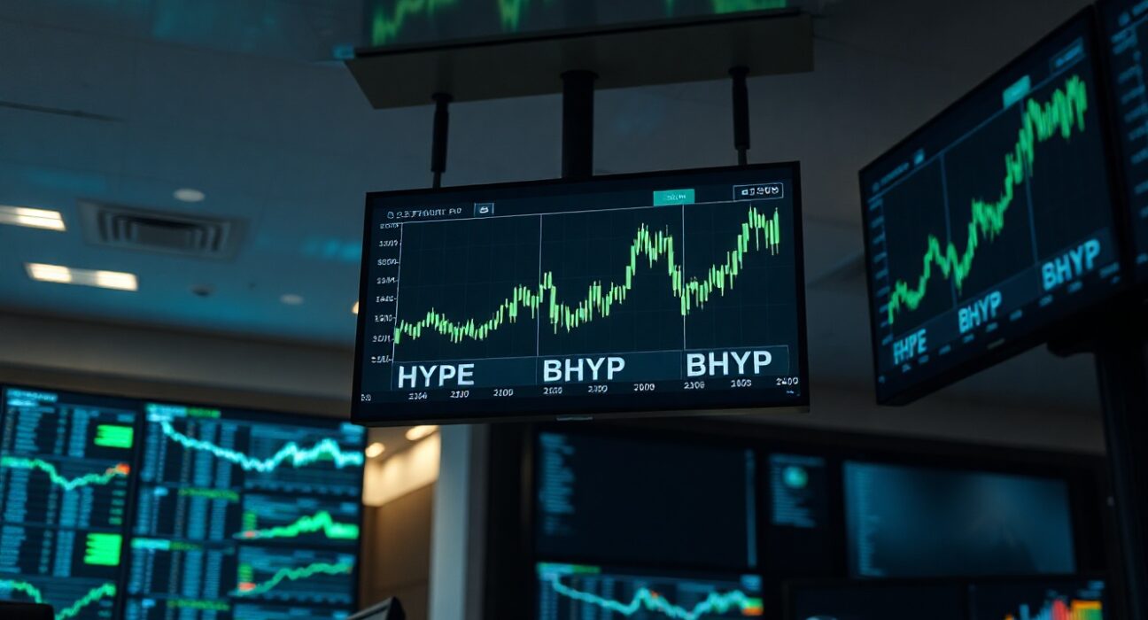 Digital trading screen showing Hyperliquid ETF net inflow data and rising chart lines.