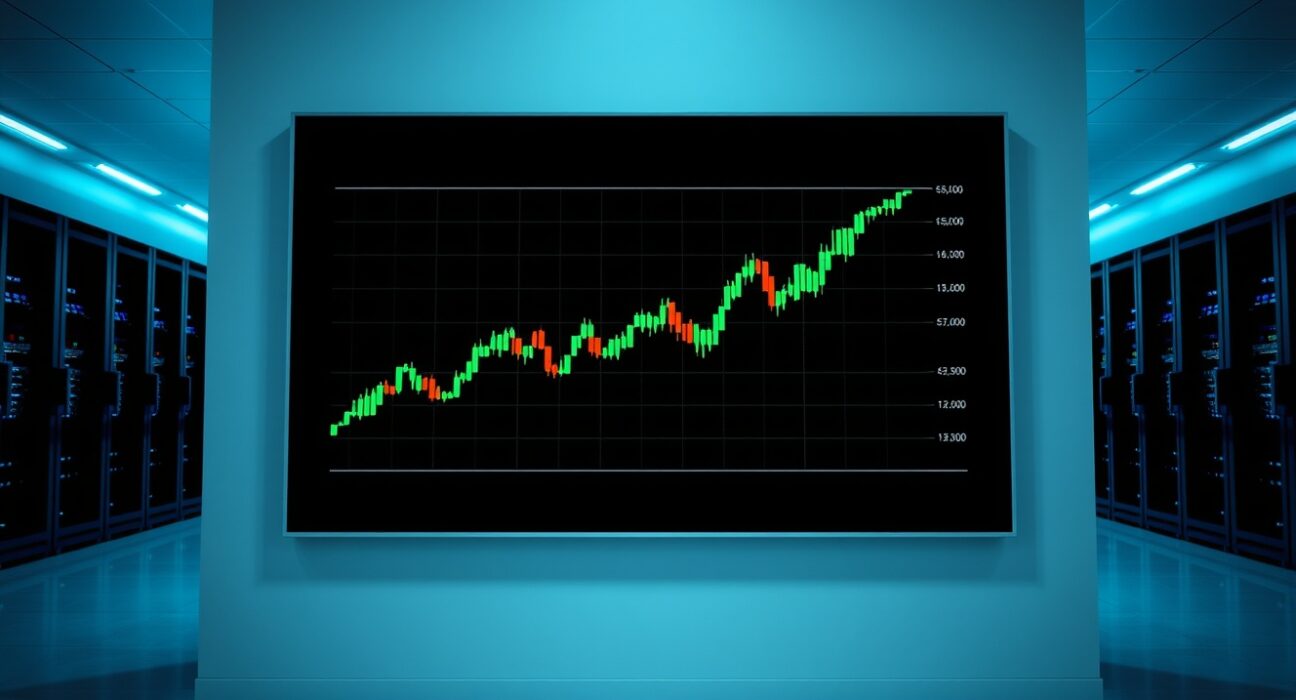 Digital display showing a green upward trending candlestick chart representing a surge in HYPE token price and ETF inflows.