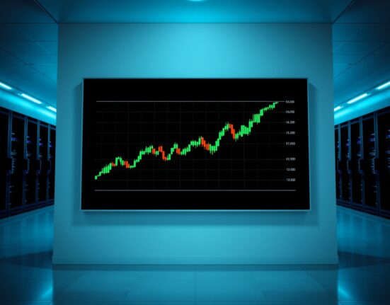 Digital display showing a green upward trending candlestick chart representing a surge in HYPE token price and ETF inflows.
