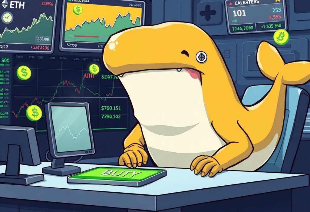 Cartoon whale trader executing a significant ETH long position on a decentralized exchange after previous losses, symbolizing a strategic shift.