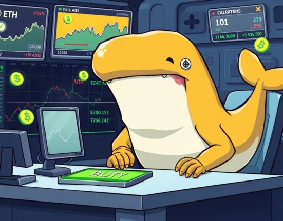 Cartoon whale trader executing a significant ETH long position on a decentralized exchange after previous losses, symbolizing a strategic shift.