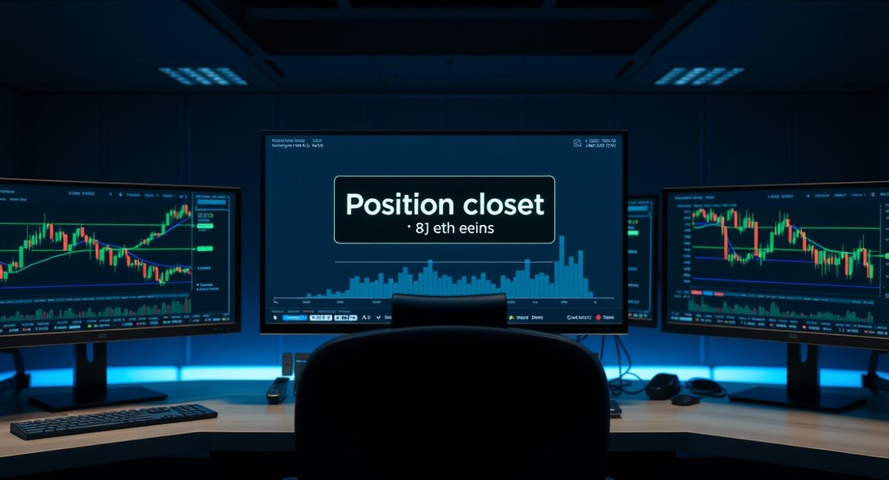 Trading desk monitors showing Ethereum price charts and a closed position notification