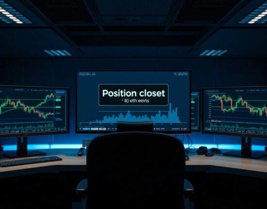 Trading desk monitors showing Ethereum price charts and a closed position notification