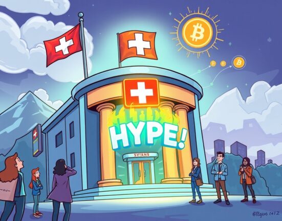 A cartoon illustration showing the launch of a Hyperliquid ETP, symbolizing crypto's integration into traditional finance.