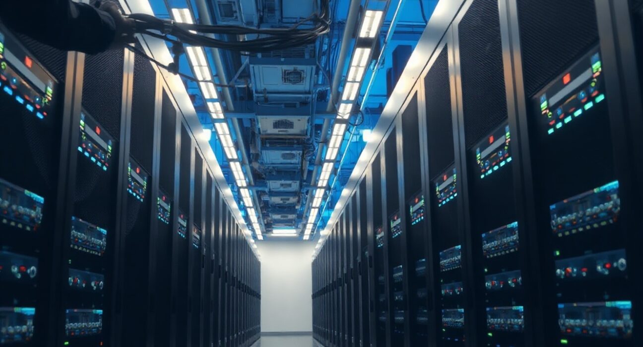 Data center with server racks symbolizing Hyperliquid's low-latency on-chain data infrastructure.