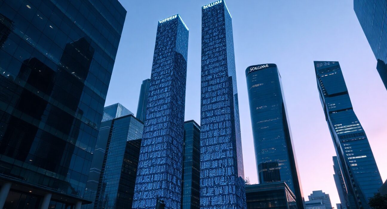 Digital pillars representing Hyperliquid and Solana in a futuristic financial district at dusk