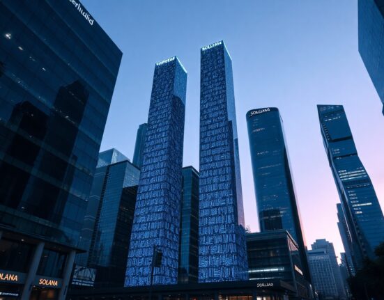 Digital pillars representing Hyperliquid and Solana in a futuristic financial district at dusk