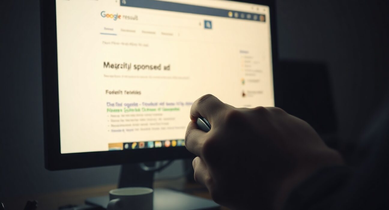 Person about to click a sponsored search ad on a computer screen, illustrating a phishing risk.