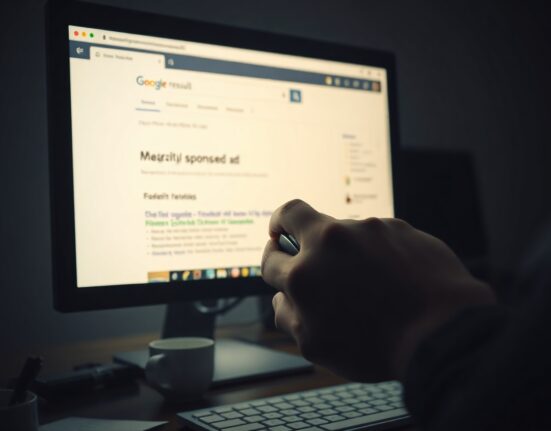 Person about to click a sponsored search ad on a computer screen, illustrating a phishing risk.