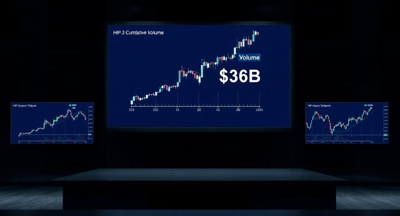 Digital trading screen showing HIP-3 cumulative volume chart reaching $309 billion on a dark background.