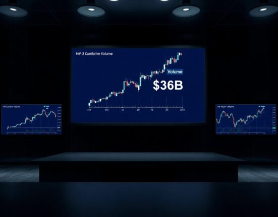 Digital trading screen showing HIP-3 cumulative volume chart reaching $309 billion on a dark background.