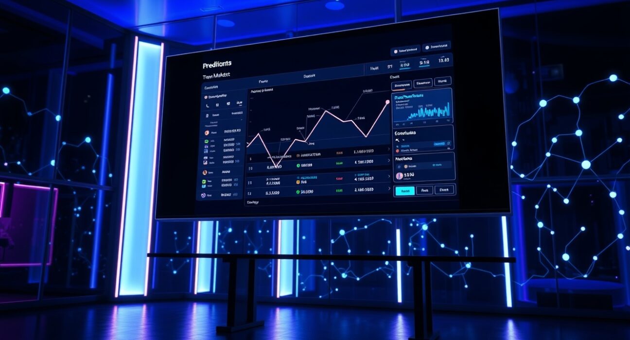 Digital interface of a decentralized prediction market platform with blockchain network visuals