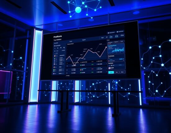 Digital interface of a decentralized prediction market platform with blockchain network visuals