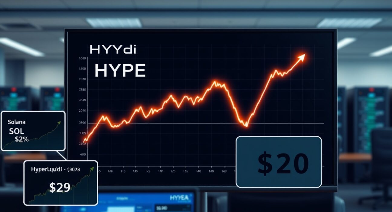 Digital trading screen showing Hyperliquid (HYPE) price chart with upward trend and inset Solana (SOL) comparison graph
